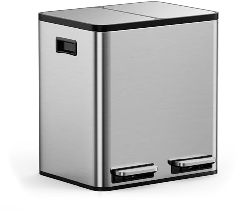 VonHaus Cubo de Basura Cocina Reciclaje, Contenedor Grande, Sistema de Separación de Residuos con Base Antideslizante y Compartimentos Extraíbles (Acero Inoxidable, 30 L (2 x 15 L))