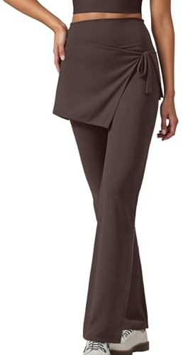 Roobeety Pantaloni da donna con gamba larga e mini gonna sovrapposta, casual, per feste e tempo libero, in stile asimmetrico e moderno, Stile#E05 Marrone, S