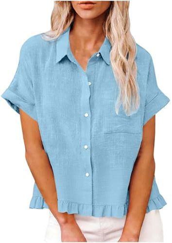 Uwdiohq Camisas De Lino Abotonadas para Mujer, Blusas Manga Corta, Informal Vacaciones Y Primavera Camisetas Otoño Mujer (Light Blue, L) Interiores Ropa Talla Grande Deporte Camiseta Interior