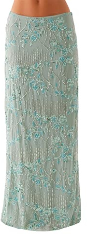 Kfsghdnz Women Sequin Floral Maxi Skirt Summer Y2K High Waist Beaded Rhinestone Sparkle Bodycon Skirt for Party Evening