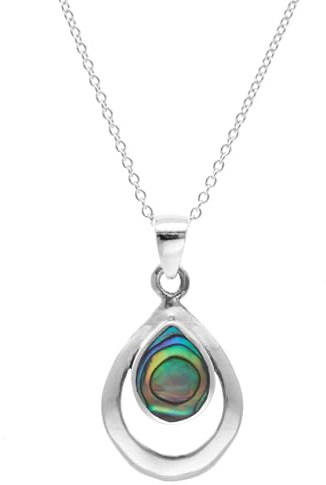Silverly 925 Silver Abalone Shell Open Teardrop Necklace for Women - Sterling Silver Pear-Shaped Paua Shell Pendant on 18 Curb Chain – Simple Minimalist Coastal Birthstone Jewellery