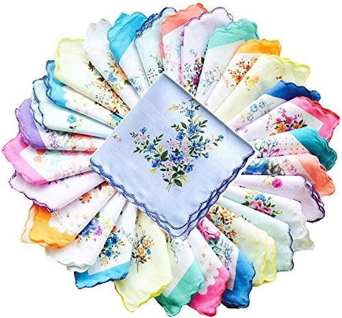 Womens Beautiful Cotton Floral Handkerchief Wendding Party Fabric Hanky with Wavy Edge 10pcs