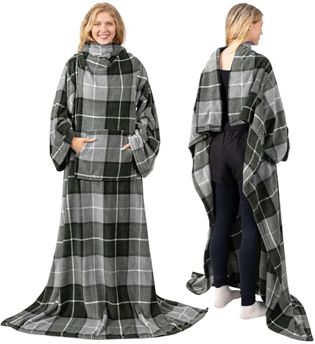PAVILIA Sherpa Wearable Blanket with Sleeves and Pocket, Plush Thick Cozy Body Blanket Wrap for Adult Women Men, Christmas Gift for Wife Mom, Plaid Grey