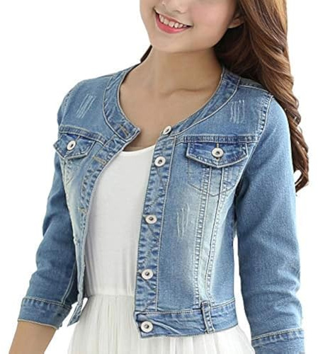 BlueFire2015 Women's Short Denim Jacket Round Neck Denim Three Quarter Sleeves Light Blue Jacket (Light blue, L)