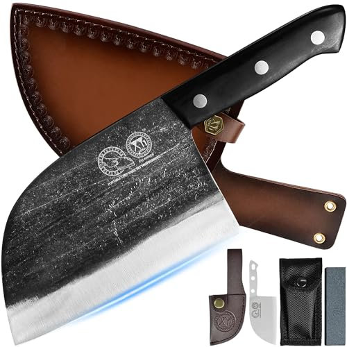 XYJ Autentico dal 1986, eccezionale coltello da macellaio da 16,7 cm, coltello da macellaio serbo a codolo completo, coltello da carne ultra affilato, coltello da cucina con guaina in pelle per un