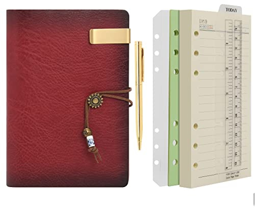 Wonderpool Carpeta de anillas de cuero para diario, cuaderno de papel recargable con forro de escritura, 6 anillos con blocs de notas para viajes de oficina y agenda (a-Vino rojo, A6)