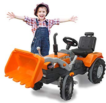 Trettraktor Power Drag mit Frontlader - Kippschutz, Frontlader mit Zwei Hebel, leichtgängiges Lenkradsystem, Hupe, Verstellbarer Sitz Motorhaube aufklappbar, Anhängerkupplung