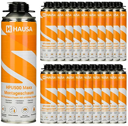 HAUSA HPU500 Maxx Mousse au Pistolet B2 Mousse de Montage Rendement Extrêmement Élevé Jusqu'à 48L Excellentes Propriétés d'Isolation 20x 500 ml Gris
