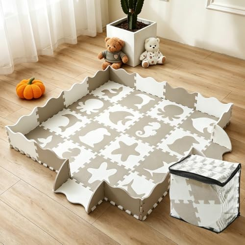 INTOMENG Alfombra Puzzle Infantil para Bebe Niños Alfombrilla Juego Puzzle con Valla 16+20 Piezas Colchoneta Rompecabezas bebé Suelo Acolchado para Bebes Acolchado Tapete Gateo 142×142×1cm