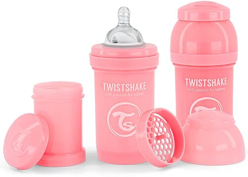 Twistshake 2x Anti-Kolik Babyflasche mit Milchpulverbehälter und Mixer – 180 ml | Langsam fließende, brustähnliche Brustwarze aus Silikon | BPA-freie | Geeignet für Neugeborene (0+) | Rosa