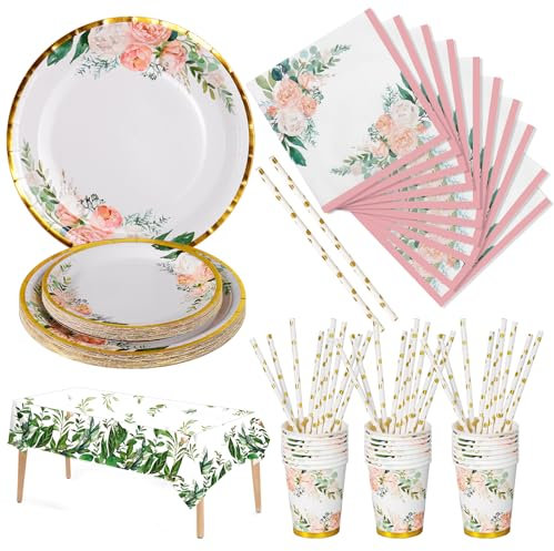 Nkaiso 126 Piezas Flores Vajilla Fiesta Cumpleaños, Platos y Vaso Cumpleaños Infantil, Juego de vajilla para Fiestas Platos Vasos Servilletas -25 Invitados