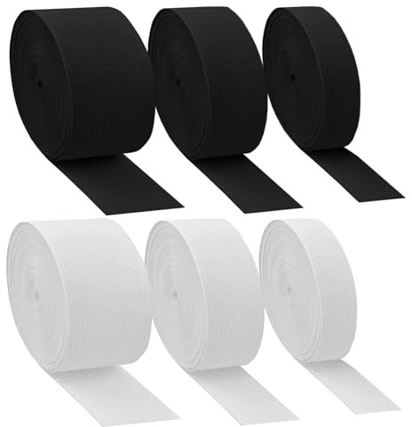 6 Rollen Elastische Gummibänder Nähen 20mm/30mm/40mm, Schwarze Weiß Breite Gummibänder zum Nähen, Hosengummi, Elastisches Breit Einfassband für Nähzubehör DIY Handwerk, 30M