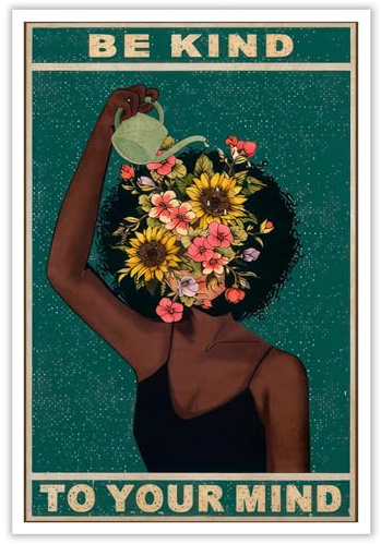 Dcvjiy Retro Be Kind To Your Mind Poster Fashion Black Girl Wall Art Lose Your Mind Prints Painting Positivity Mental Health Quote Art Floral Girl Wall Decor 12x16in Unframed