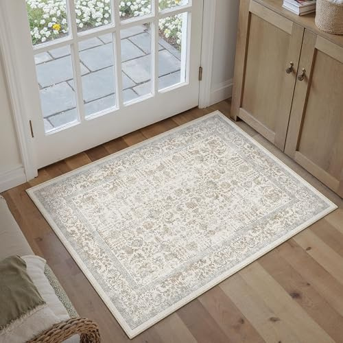 HUGEAR Vintage Taupe Waschbarer Teppich im Eingangsbereich 60x90cm fußmatte badezimmerteppich Weich rutschfest Retro Kleiner Tepich Kurzflor Bad Schlafzimmer Carpet Bedroom