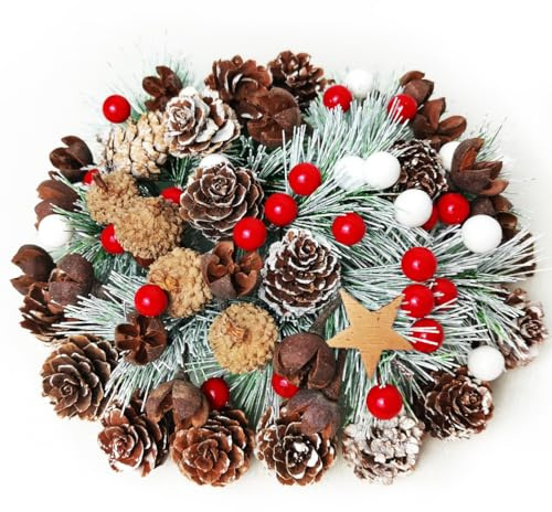 Accesorios Corona Navidad,Corona Adviento Decorativa,Decoración De Navidad,Piña Decoracion Navidad,con Conos,Ramas,Estrella De Abedul,Canela Corona De Adviento para Manualidades DIY Navidad Adviento