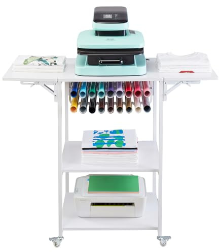 VEVOR Presse mobile à 3 niveaux, support chauffant pliable avec roues et support en vinyle, établi roulant en métal pour machine de transfert par sublimation, blanc, 117 x 50 x 91 cm