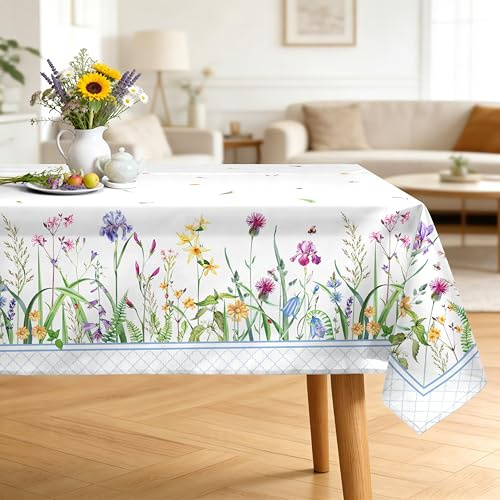 Arquiel Summer Floral Tablecloth, Wildflower Grass Table Cloth Rectangle Stain Resistant, Machine Washable Table Cover for Home Kitchen Dining Party Decoration (140x180cm)