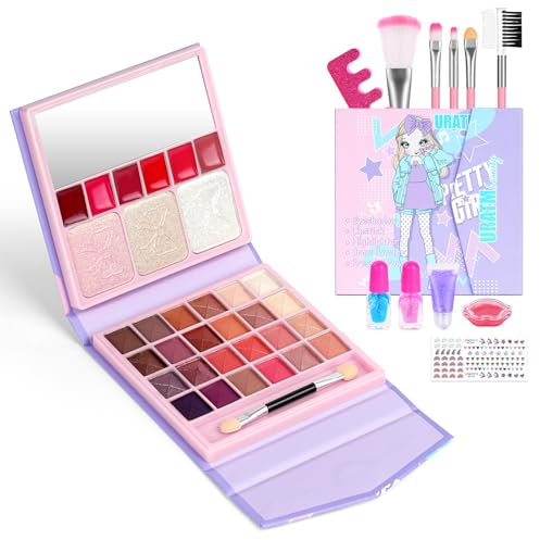 Aomig Kinderschminke Mädchen 36 PCS Waschbar Kosmetikset 33Farben Prinzessin Make Up Spielzeug mit Nagellack Lippenstift Schminkkoffer Mini Spielzeug Halloween Weihnachts Geburtstags Geschenk (A-Lila)