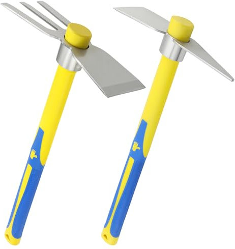 SINJEUN 2 Stück Gartenhacke, Spitzhacke und 3 Zinken Gartenhacke Breitblatt mit Fiberglas Stiel, 40 cm Klein Pflanzhacke für Gartenarbeit, Camping