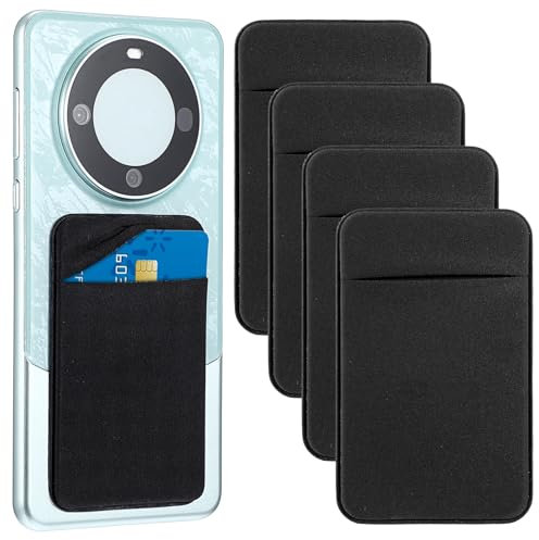 Wanmu 4 Pcs Adhesive Cell Phone Card Holder Pocket, Phone Stick On ID Card Wallet Credit Card Holder, Self Adhesive Sticker Case for Back of Android and All Smartphones (Black)