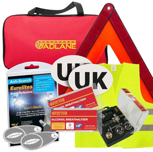 GADLANE European Driving Kit France - 8 PCS Europe Car Travel Kit - NF Approved Alcohol Breathalysers, Warning Triangle, UK Sticker, Hi-Vis Vest, Eurolites Headlight Deflectors, Bulb Kit, Storage Bag