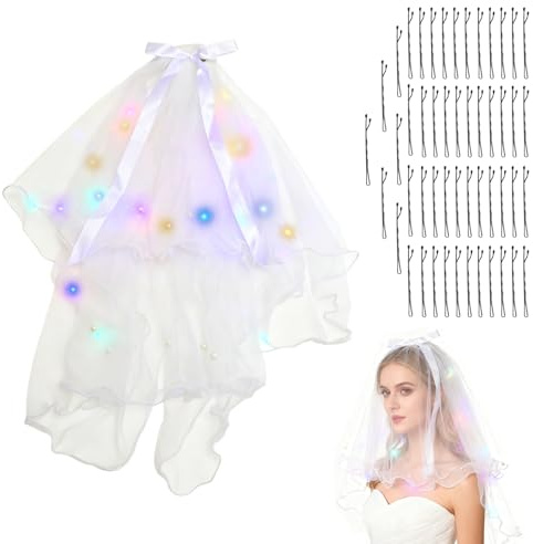 TNSLAND Schleier Braut, LED Hochzeitsschleier mit 50 Styling-Clip, Weich Kurz Brautschleier für Fotografie Hochzeiten Heiratsanträge JGA