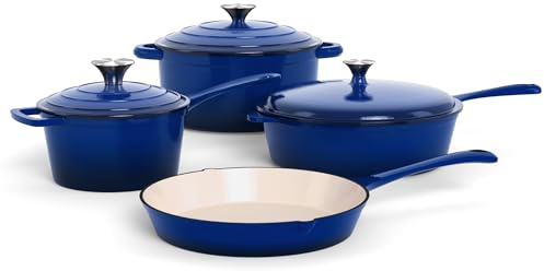Kitchen Academy, Enameled Cast Iron Cookware Set, 7 Piece Set of Dutch Ovens, Sauce Pan, Skillet, 3 Lids, Dutch Oven Set, Pots and Pans Set Nonstick (Blue)