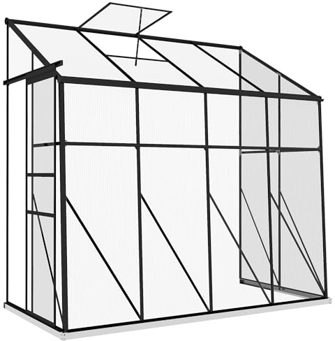Outsunny 8' x 4' Lean-to Polycarbonate Greenhouse, Walk-in Hobby Green House with Sliding Door, 5-Level Roof Vent, Rain Gutter, Garden Plant Hot House with Aluminum Frame and Foundation, Black
