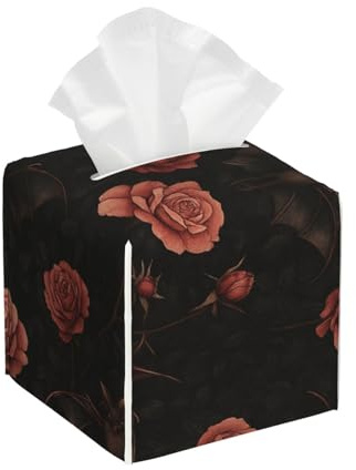Gothic Bat and Rose Vintage Tissue Box Cover Square Holder Leather Facial Paper Case