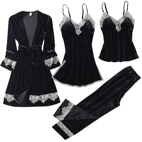 WAZHAKU Ensemble pyjama 4 pièces en velours brodé élégant pour femme - Robe + pantalon - Ensemble de vêtements de nuit thermiques d'hiver avec motif floral (peignoir + mini robe + ceinture + cami), R