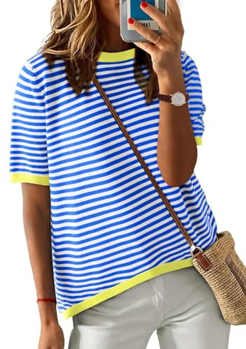 PASUDA Camisetas Manga Corta Mujer Tops Verano Casual Cómodo Suelta Camiseta Cuello en Redondo T Shirt de Rayas Mujer Blusas(Azul té,M)
