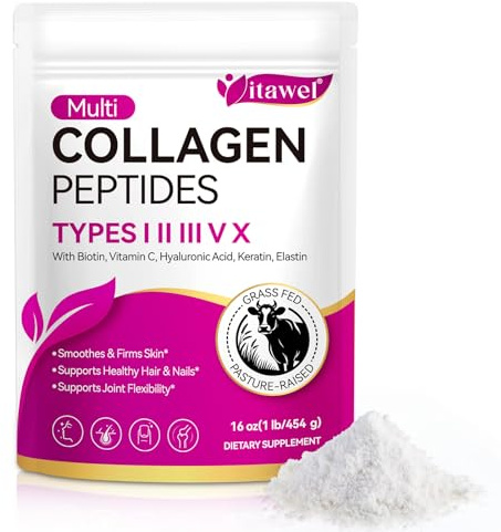 Multi Collagen Peptides Powder – Types I, II, III, V & X – With Biotin, Vitamin C, Hyaluronic Acid, Keratin, Elastin, Unflavoured – Grass-Fed, Pasture-Raised – Supports Skin, Hair, Nails, Joint Health