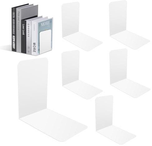 Rlssaki 6 Pezzi Fermalibri in Metallo, Ferma Libri per Libreria da Mensole, Reggilibri da Mensola, Reggi Libri con Tappetino Antiscivolo, per Ufficio, Casa, Scuola, Biblioteca (15*15*10 cm, Bianco)