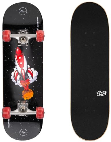 KMX Skateboard 27,5 x 7,75 för nybörjare, 7-lagers nordisk lönn med dubbel spark och konkav bräda | Aluminiumbilart | för flickor, barn och tonåringar med LED-lysande hjul (Raket)