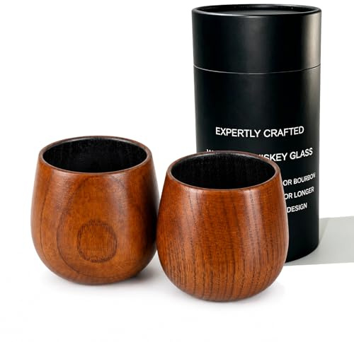 VELAJA Bicchieri per Whisky in Legno, Confezione da 2 Bicchieri Old Fashioned con Interno Carbonizzato per Ammorbidire il Gusto, Calici per Bourbon e Rum, Design Ampio per Esaltare l’Aroma