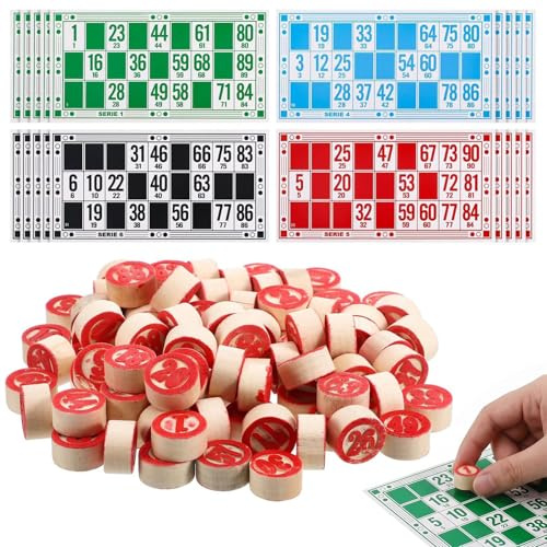FIQLUL Tombola Classica Bingo Set con 90 Numeri in Legno e 48 Cartelle, Gioco di Società Tradizionale per Bambini e Adulti
