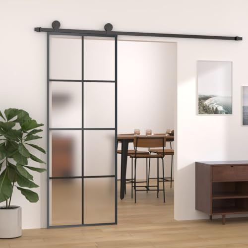 Augerlite skjutdörr med beslag 76 x 205 cm av matt ESG-glas och aluminium, svart, 200 cm glidskena, 80 kg lastkapacitet för lägenhet, källare och entré