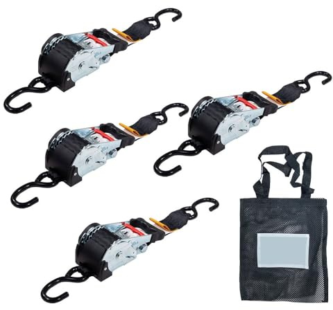 Mytee Products 4 Pack 2 x 10' Auto Retract Ratchet Straps | Quick n Easy Retractable Ratchet Straps with Coated S Hook Tiedowns for Motorcycles, ATVs, Bikes: Tight & Secure Pickup Trailer Tie-Down
