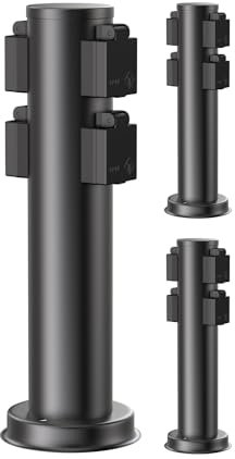 ledscom.de 3 Stück Garten Steckdosensäule PORU für außen, IP44, 4-Fach, Edelstahl, schwarz, rund, 39 cm