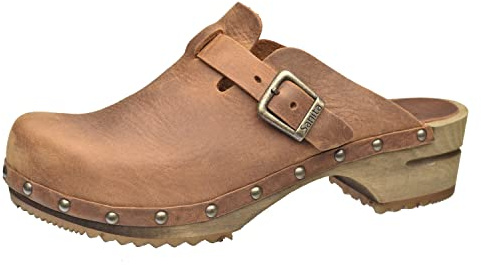 Sanita Kristel offener Clog | Original handgemacht | Leder-Holzclogs für Damen | Braun | EU 39