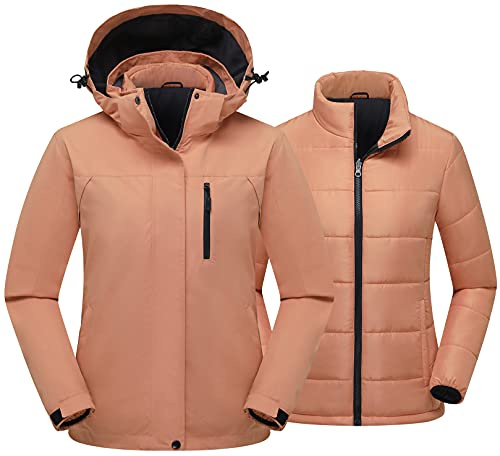 PTSOC Women's 3 in 1 Waterproof Ski Jacket Warm Winter Snow Coat Windproof Hooded Snowboarding Raincoat Orange Medium