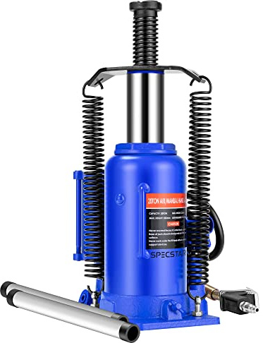 SPECSTAR Pneumatic Air Hydraulic Bottle Jack with Manual Hand Pump 20 Ton Heavy Duty Auto Truck Travel Trailer Repair Lift Blue