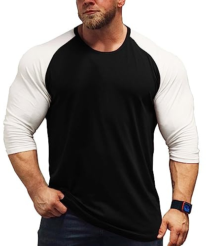 Mäns muskler raglan skär t-shirts med 3/4 ärm fitness träning t-shirt, T4303 svart-vit, XXL