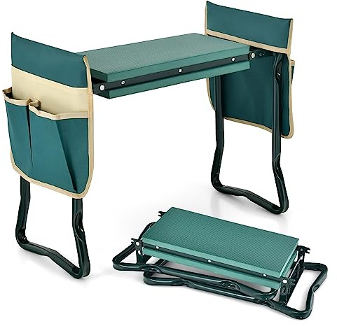 COSTWAY Inginocchiatoio da Giardino 2 in 1 Portatile e Pieghevole, Sgabello da Giardino con Inginocchiatoio e Borsa, Sedile per Giardinaggio da Inginocchiare e Sedere (58 x 27,5 x 50 cm, 2 Tasche)