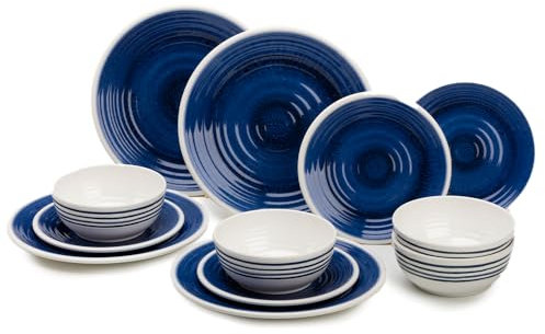 FLAMEFIELD Azure - Set di stoviglie in melamina, 12 pezzi, motivo nautico, piatti e ciotole ispirati all'oceano, per tutte le stagioni, resistenti al calore fino a +70 °C, lavabili in lavastoviglie
