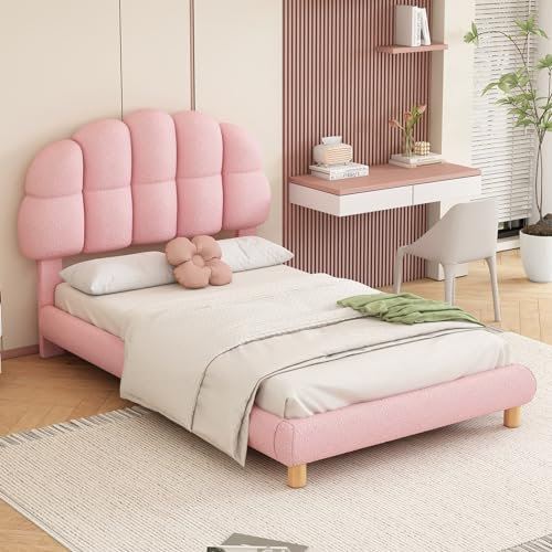 Skcess 90X200Cm Einzelbett, Kinderbett, Jugendbett, Polsterbett, Holzlattenrost, Kreisvlies, Rosa