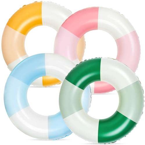 JarThenaAMCS 4Pcs Inflatable Pool Float 4 Colors Retro Striped Swim Rings Swimming Pool Tubes for Adults Teens Summer Beach Bachelorette Party, 30 x 14in