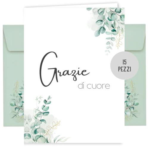 15 biglietti di ringraziamento con buste per matrimonio, anagrafe, compleanno, bambino, comunione, battesimo | biglietto di ringraziamento | biglietto pieghevole DIN A6 (Eucalipto 15 pezzi)