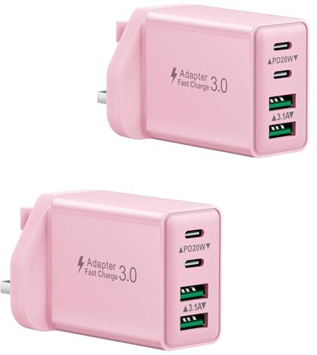 2-Pack USB C Plug UK, 40W 4-Port Fast Charger Plug for iPhone 16 15 Plus Pro Max 14/13/12/11, iPad, Samsung, Mutil USB Plug Fast Charge Dual Port Type C Power Charging Adapter Wall Plug Head
