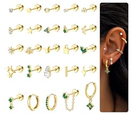 CASSIECA 25Pcs Piercing Oreja Pendientes Acero Inoxidable Mujer Pendientes Aro Pequeños Conch Tragus Pendientes Dorados Piercing Oreja Cartílago Piercing Helix Piercing Tragus